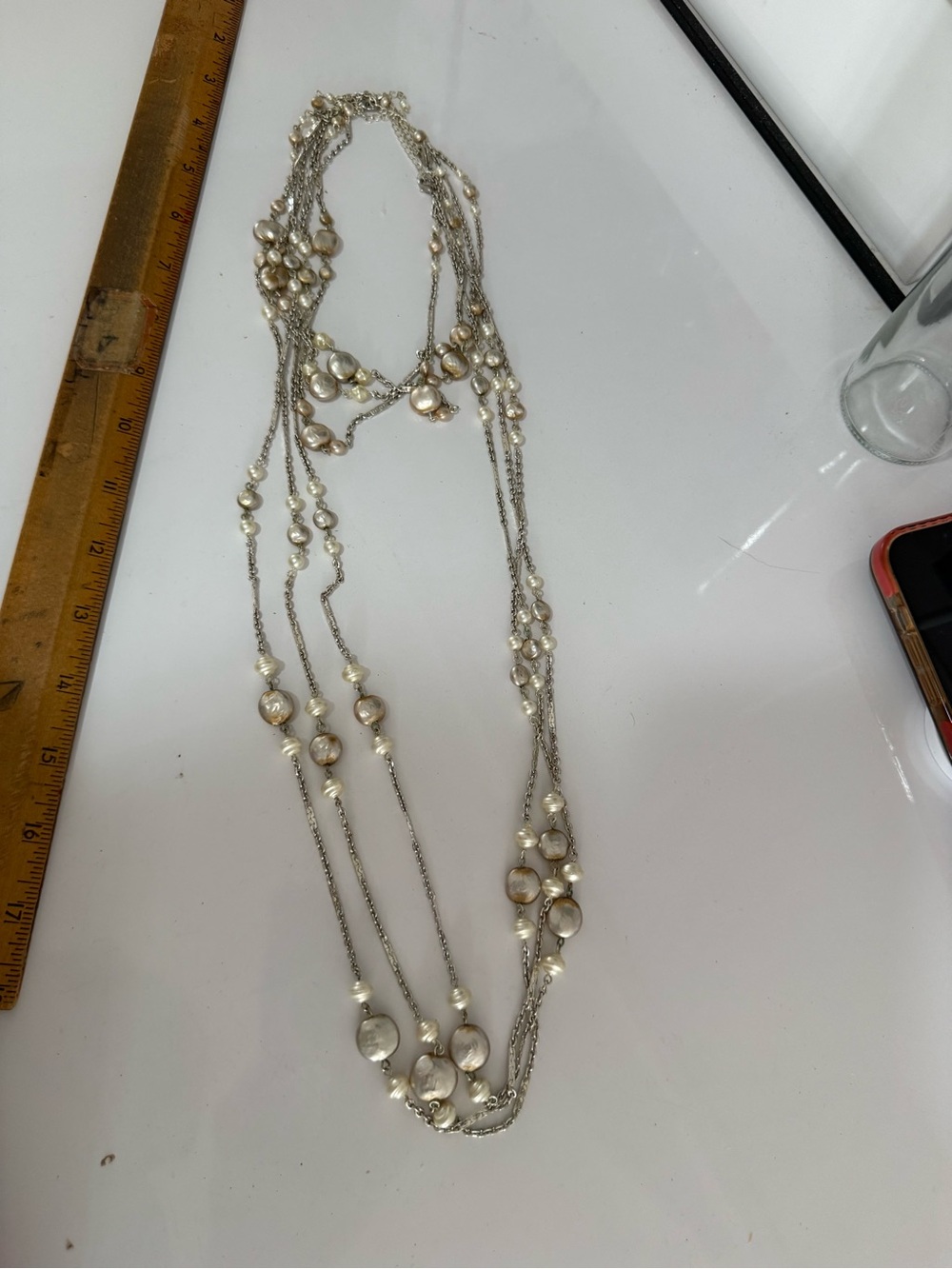 Multi-Strand Freshwater Pearl Accent Necklace in Cream and Silver Tone